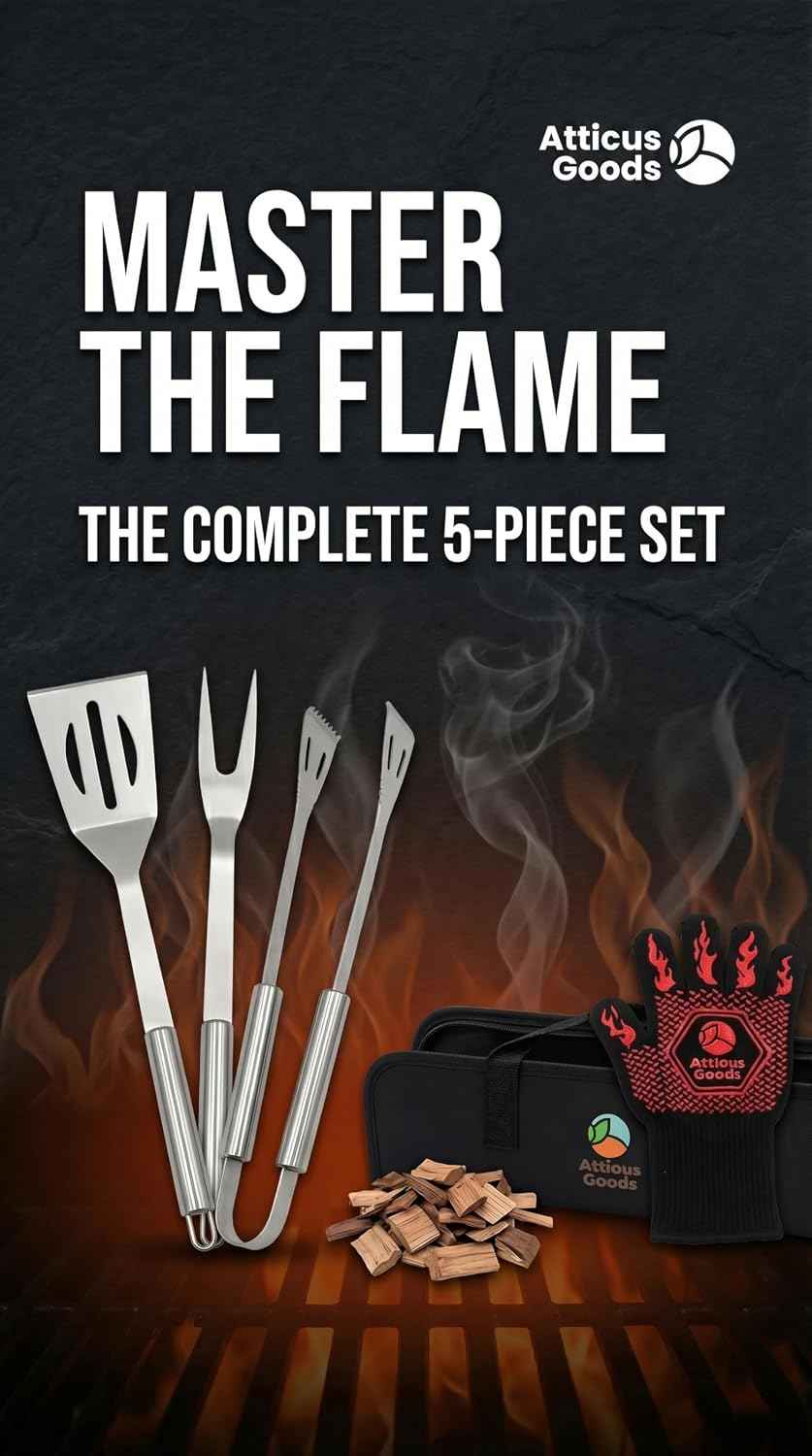 Stainless Steel Grill Set, 5 Piece Heavy Duty Barbecue Tools, BBQ Grilling Accessories Grill Kit with Tongs, Spatula, Fork, Gloves and Zippered Carry Bag, BBQ Grill Accessories