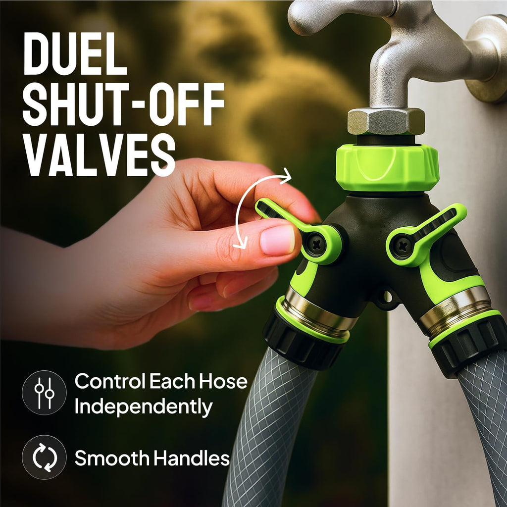 2 Way Hose Splitter Heavy Duty - Metal Y Garden Hose Splitter with Shutoff Valves, Brass Outdoor Faucet Adapter for Spigot, 3/4 Inch GHT Water Hose Connector - Green