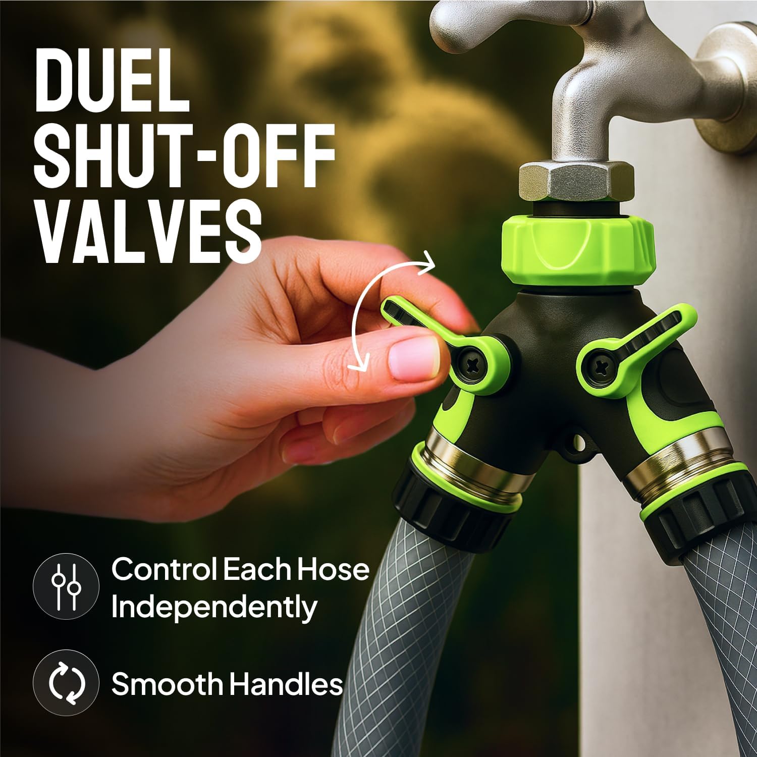 2 Way Hose Splitter Heavy Duty - Metal Y Garden Hose Splitter with Shutoff Valves, Brass Outdoor Faucet Adapter for Spigot, 3/4 Inch GHT Water Hose Connector - Green