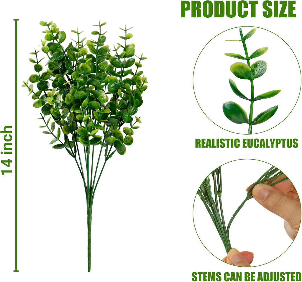 Sggvecsy Artificial Flowers for Outdoors 12 Bundles UV Resistant Boxwood Shrubs Artificial Eucalyptus Fake Plants Faux Plastic Greenery for Farmhouse Garden Indoor Outdoor Home Wedding Decoration