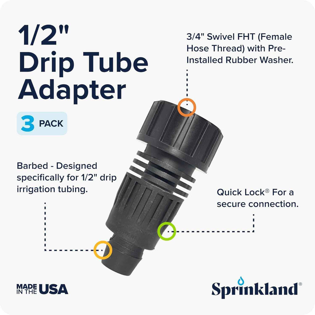 Sprinkland® 1/2” Drip Tube Faucet Adapter | Fits Garden Hose | Made in USA | Fits 5/8” Drip Tubing (.600” ID x .700” OD), Compatible with Rain Bird, Orbit, DIG & Toro, Reusable Quick Lock Connector