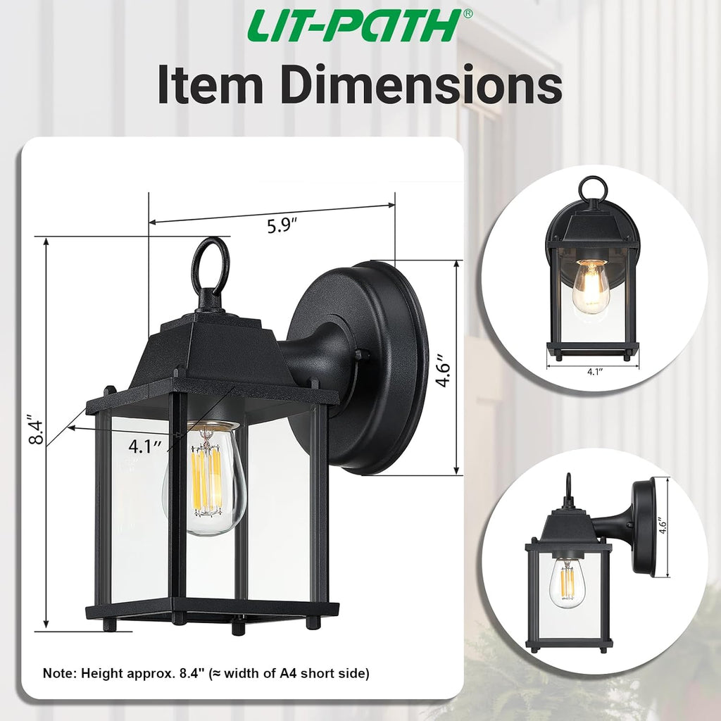 LIT-PaTH Outdoor Wall Light Fixture, Aluminum Glass, Black, 1 Pack | Exterior Porch Light Wall Sconce Lantern for House, Patio, Garage, Waterproof, E26 Socket 60W Max
