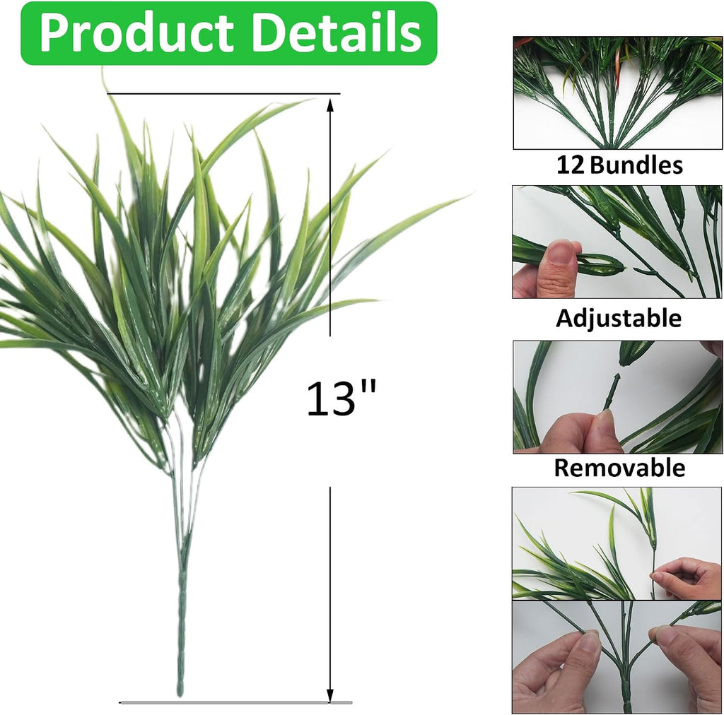 12 Bundles Artificial Greenery Outdoor Shrubs Faux Plants Fake Grasses | UV Resistant, Faux Plastic Greenery, Home Garden Pathway Window Box Front Porch, Outdoor Decor