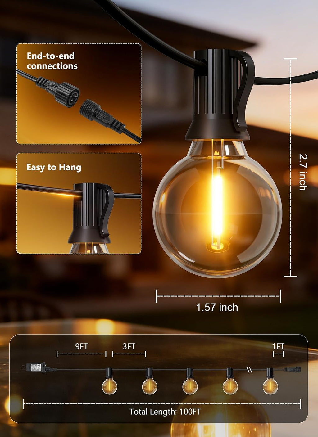 100Ft Outdoor String Lights with Remote, Dimmable G40 LED Bulbs, Waterproof | Shatterproof Connectable Hanging Patio Lights for Porch, Backyard, Bistro, Deck, Balcony, Home, Garden Decor