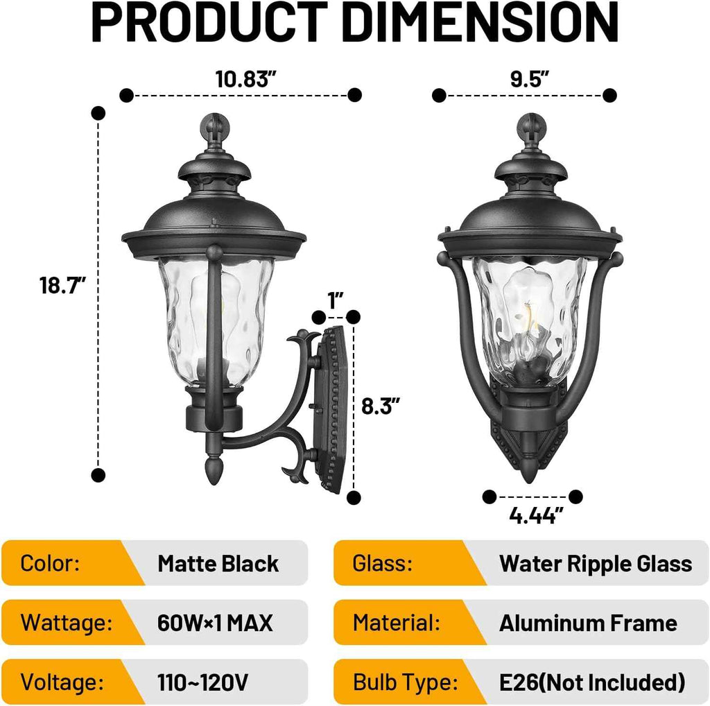 Porch Lights Outdoor Light Fixtures Wall Mount Exterior Lights | 18.7" Vintage Outdoor Wall Light with Water Ripple Glass Shade, Waterproof Aluminum Exterior Wall Sconce for Porch Patio Yard