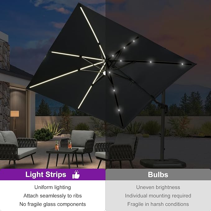 PURPLE LEAF 10 Feet Patio Umbrella Outdoor Cantilever Solar Powered LED Swivel - Image 3