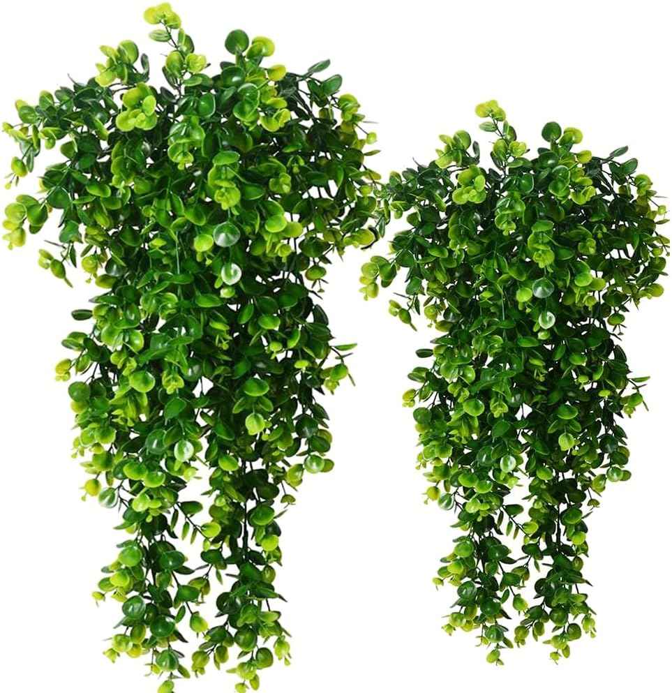 2pcs Artificial Hanging Plants Fake Hanging Plant Faux Eucalyptus Leaf Greenery Vine Outdoor UV Resistant Plastic Plants (2, Green)