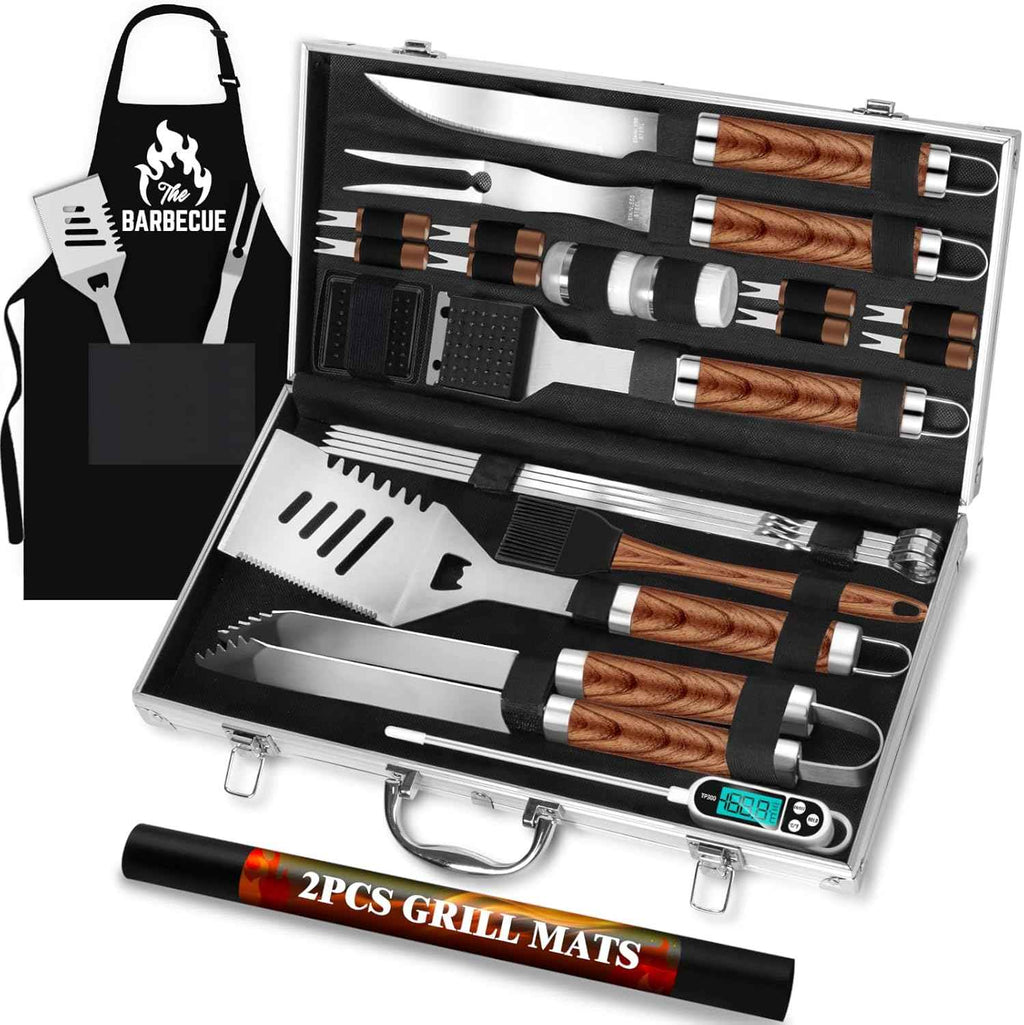 ROMANTICIST 26pcs Grilling Gifts for Men, Dad Gifts for Father's Day, Stainless Steel BBQ Grill Accessories Tools Set, Heavy Duty BBQ Utensils Kit with Apron, Thermometer, Mats in Aluminum Case Brown