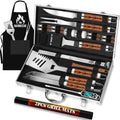 ROMANTICIST 26pcs Grilling Gifts for Men, Dad Gifts for Father's Day, Stainless Steel BBQ Grill Accessories Tools Set, Heavy Duty BBQ Utensils Kit with Apron, Thermometer, Mats in Aluminum Case Brown