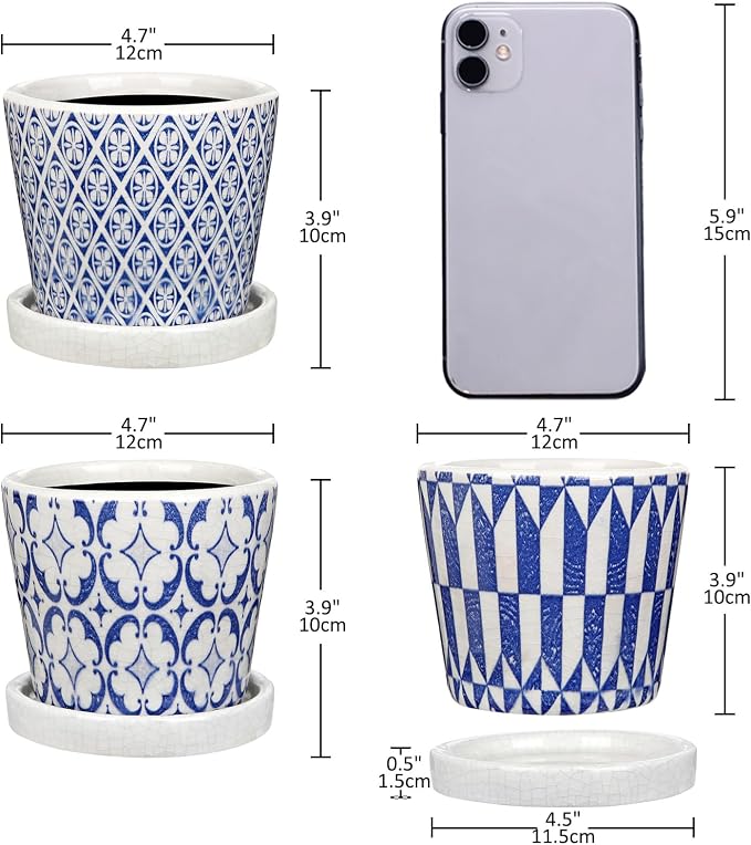 Small Ceramic Pots for Plants, 4.7 inch Blue and White Plant Pot Indoor - Image 3