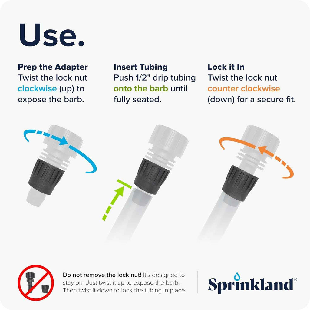 Sprinkland® 1/2” Drip Tube Faucet Adapter | Fits Garden Hose | Made in USA | Fits 5/8” Drip Tubing (.600” ID x .700” OD), Compatible with Rain Bird, Orbit, DIG & Toro, Reusable Quick Lock Connector
