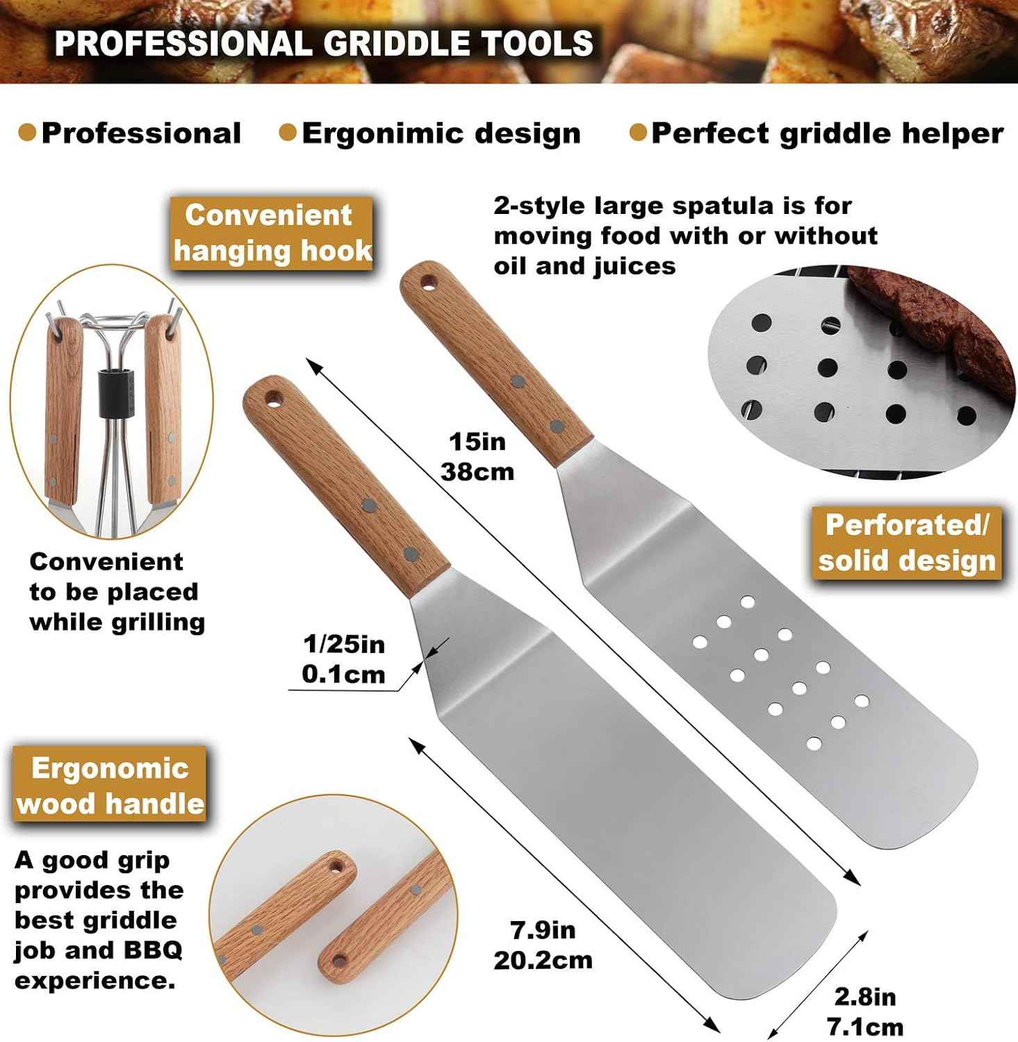ROMANTICIST 8pcs Professional Griddle Accessories Kit - Heavy Duty Stainless Steel Grill Spatula Set for Grill Griddle Hibachi Flat Top Outdoor Cooking - Great Grill Gift on Birthday Wedding