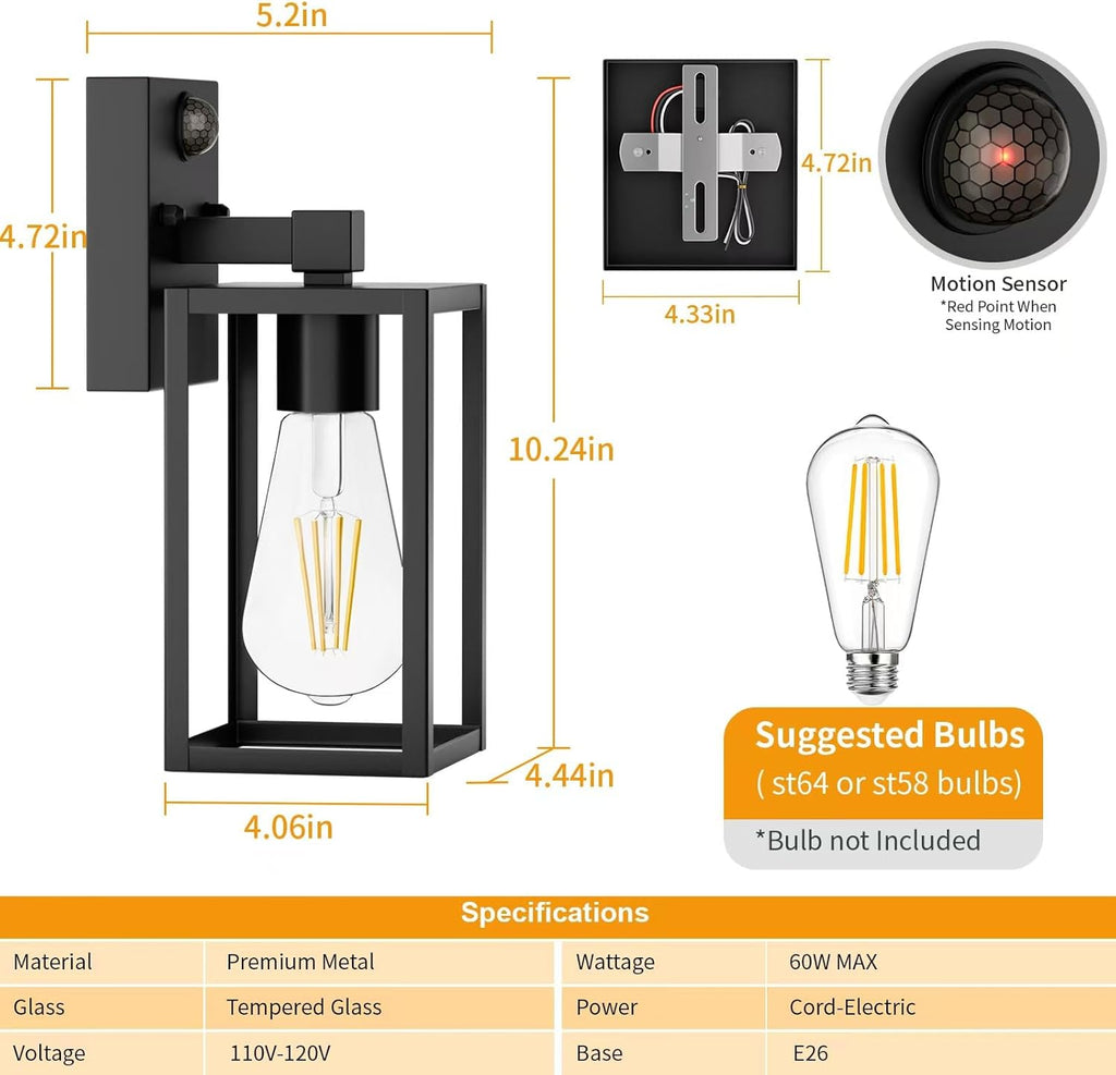 2 Pack Motion Sensor Outdoor Light Fixtures Wall Mount, H 10.24'' Small Front Porch Lights for House, Exterior Wall Sconce, Black Waterproof Lantern Lamp,Outside Coach Light for Garage Entryway Yard