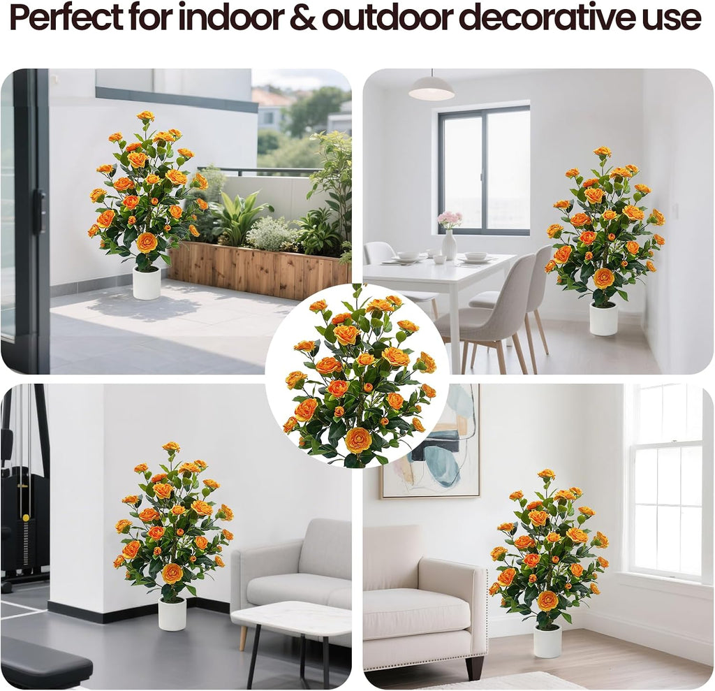 2 Pack Artificial Camellia Tree, 3FT Faux Flowering Camellia Plant Indoor Outdoor, Realistic Silk Artificial Flower in Planter, Greenery Faux Fake Tree Plant for Home Office Porch Patio Decor, Orange