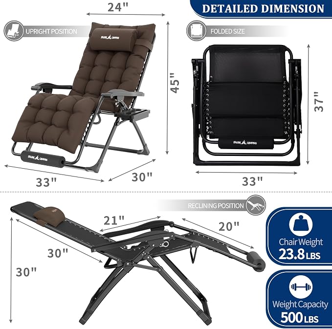 UDPATIO Oversized Zero Gravity Chair Set of 2, 33In XXL Patio Reclining Chair - Image 3