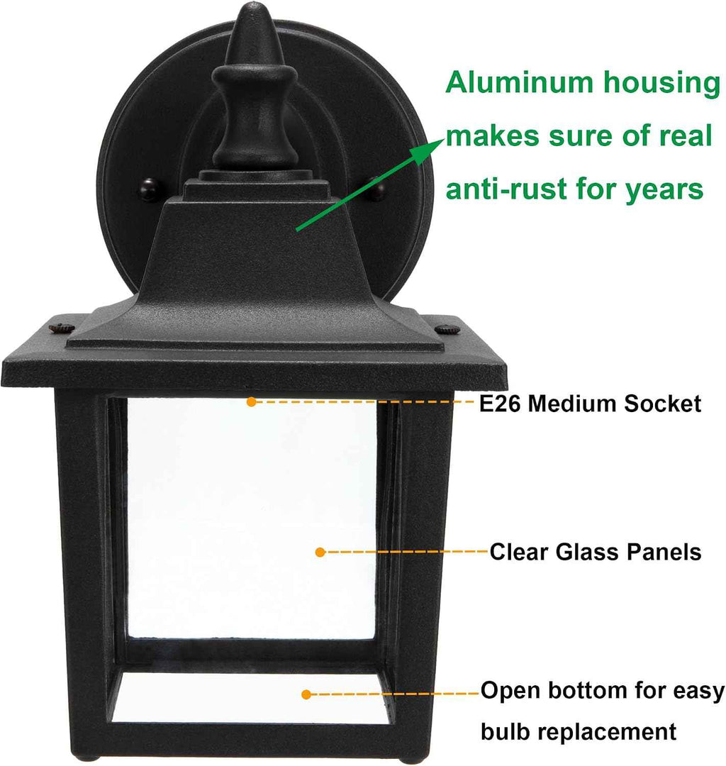LIT-PaTH Outdoor Wall Light Fixture, Antirust Aluminum Glass, Black 1 Pack | Exterior Porch Light Wall Sconce Lantern for House Patio Garage, Waterproof Rustproof, E26 Socket 60W Max