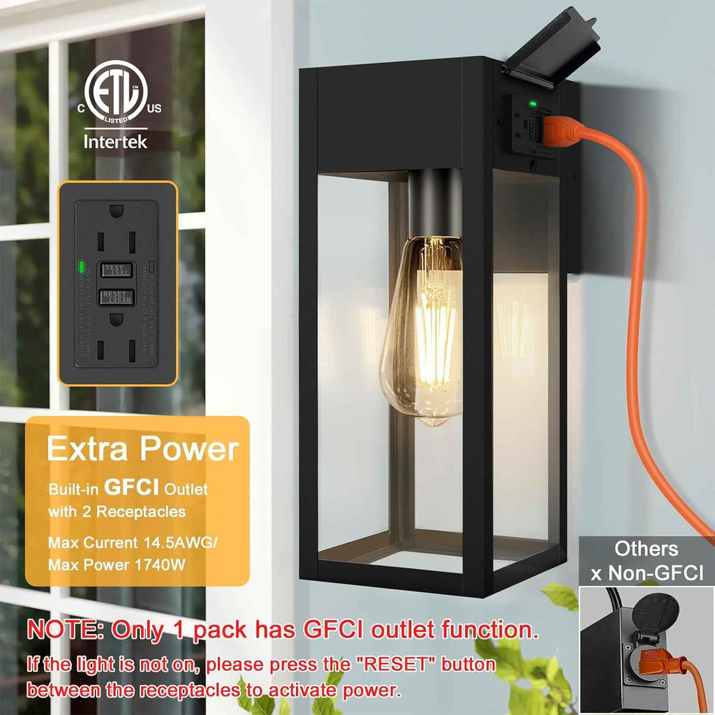 Porch Lights with GFCI Outlet, Outdoor Wall Light Fixtures 2-Pack | Anti-Rust, Waterproof, Tempered Glass, Easy Installation, E26 Socket, Exterior Lighting Sconces for House Garage, Black