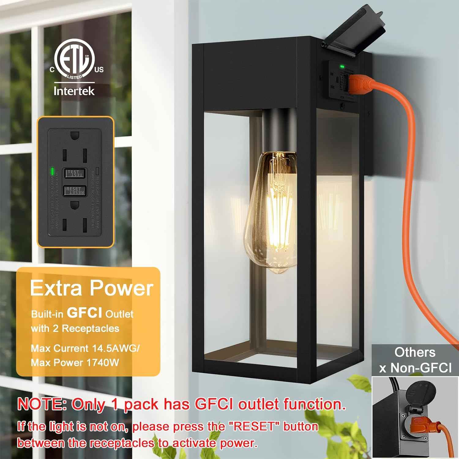 Porch Lights with GFCI Outlet, Outdoor Wall Light Fixtures 2-Pack | Anti-Rust, Waterproof, Tempered Glass, Easy Installation, E26 Socket, Exterior Lighting Sconces for House Garage, Black