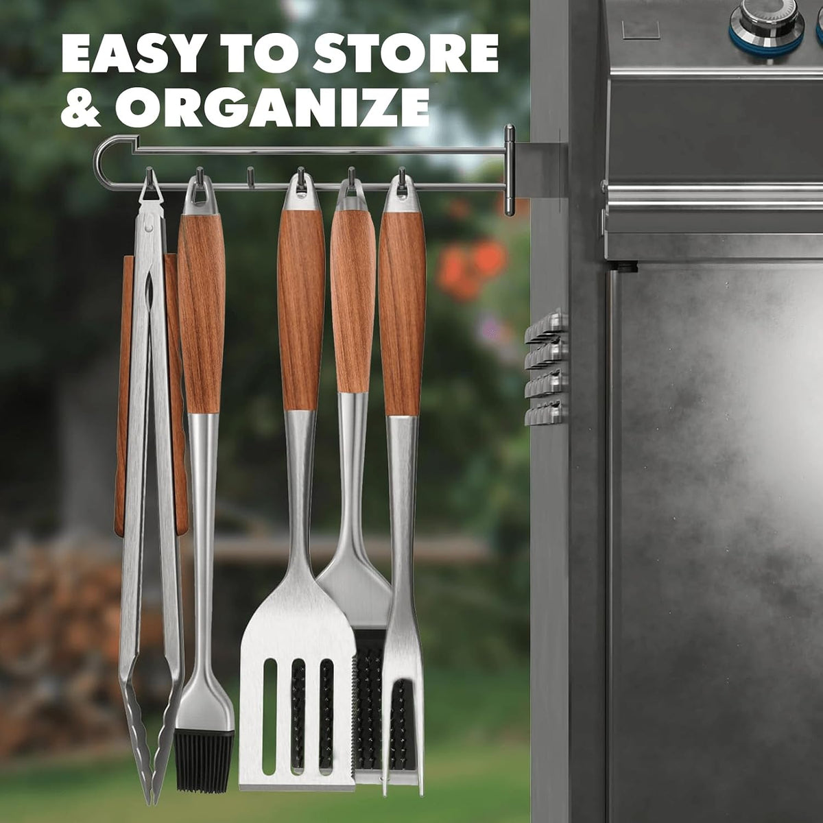 Grill Utensils Set with Rosewood Handle, BBQ Accessories Tools Set of 5 | Grilling Tongs, Spatula, Fork, Oil Brush, Cleaning Brush - Grilling Tools Set for Outdoor