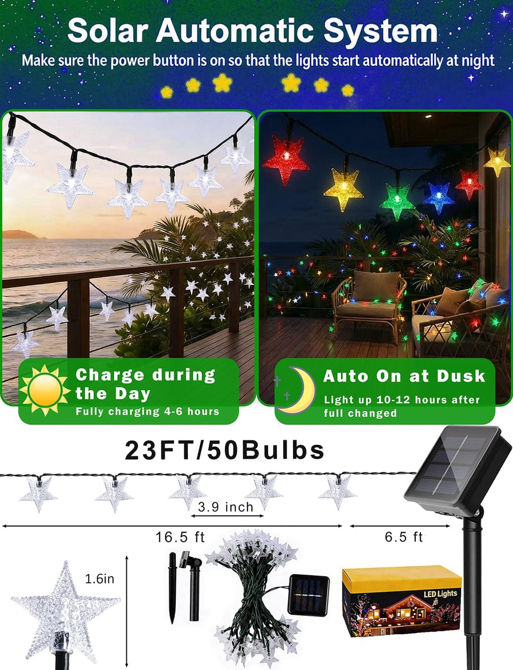 Star String Lights 23FT 50LED Colorful Star Fairy Lights Waterproof Solar Powered Twinkle Light with 8 Modes Outdoor Decorative Lights for Garden Patio Christmas Festival Party Decor