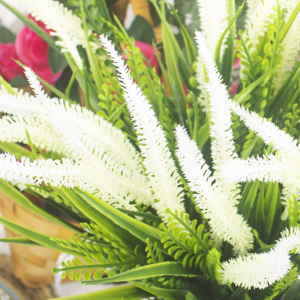 Grunyia 10 Bundles Artificial Plants Outdoor Fake Grass with Flowers UV Resistant Greenery Garden Porch Window Box Decorating (White)
