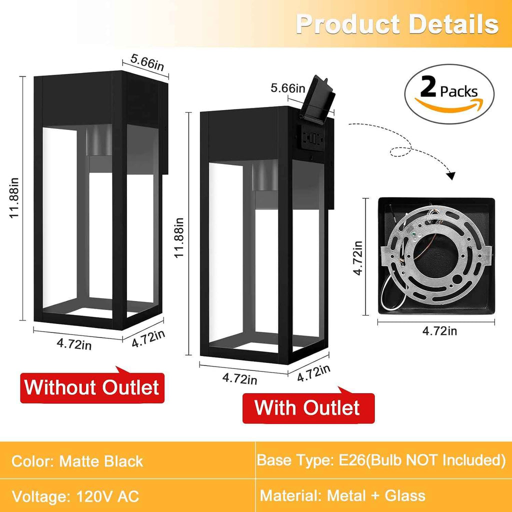 Porch Lights with GFCI Outlet, Outdoor Wall Light Fixtures 2-Pack | Anti-Rust, Waterproof, Tempered Glass, Easy Installation, E26 Socket, Exterior Lighting Sconces for House Garage, Black