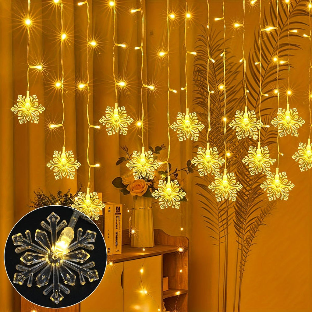 150 LED Christmas Icicle Lights with Snowflakes, Hanging Snowflake Light with 8 Modes, Connectable Warm White Icicle Lights for Outside, Roof, Window, Holiday Party Decor