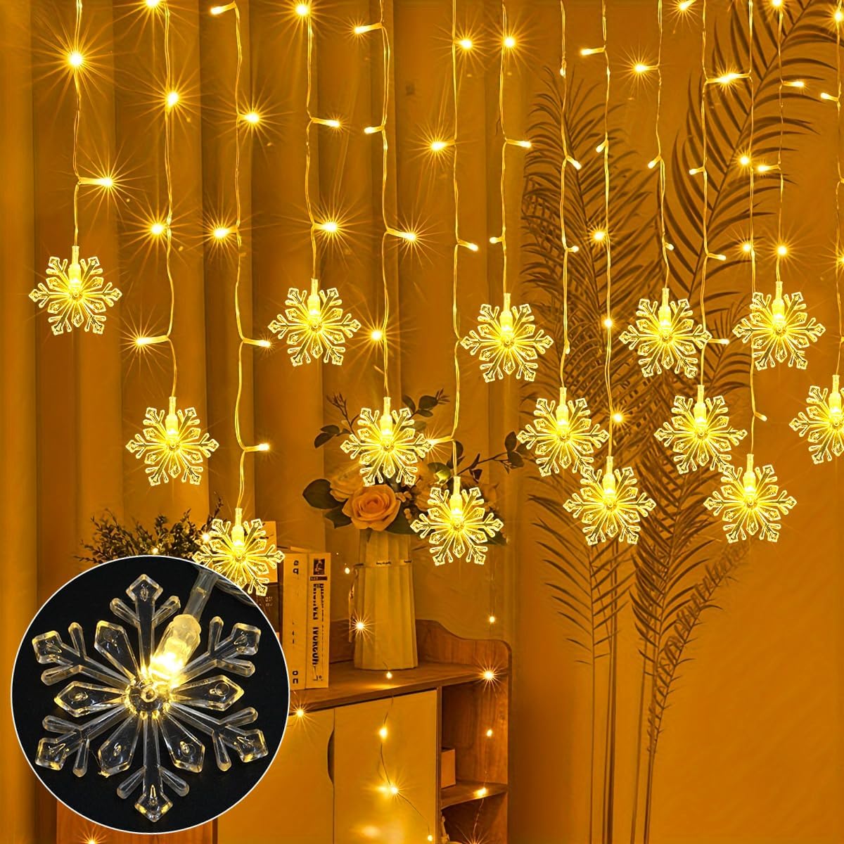 150 LED Christmas Icicle Lights with Snowflakes, Hanging Snowflake Light with 8 Modes, Connectable Warm White Icicle Lights for Outside, Roof, Window, Holiday Party Decor