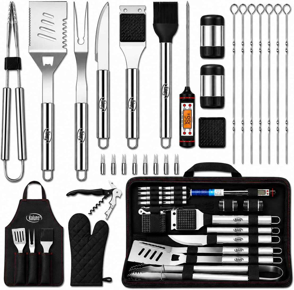 Kaluns Grilling Accessories, Dad Gifts for Christmas, Heavy Duty Stainless Steel Grill Set BBQ Grill Accessories for Outdoor Grill with Meat Thermometer, Case and Apron