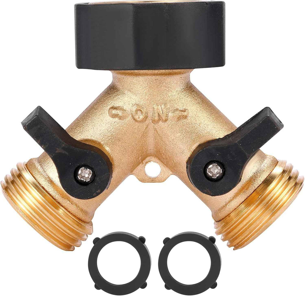 Garden Hose Splitter 2 Way Heavy Duty, Y Connector Brass Garden Hose Adapter, Hose Bib Splitter with 2 Extra Rubber Washers | Brass Garden Hose Adapter Hose Bib Splitter with 4 Extra Rubber Washers