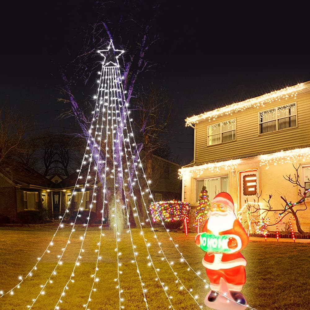 Christmas Decoration Lights, Outdoor Christmas String Lights 320 LED 11.5Ft Waterfall Tree Light with Big Star Topper Waterproof 8 Light Modes for Xmas New Year Holiday Yard Outdoor Indoor Decor