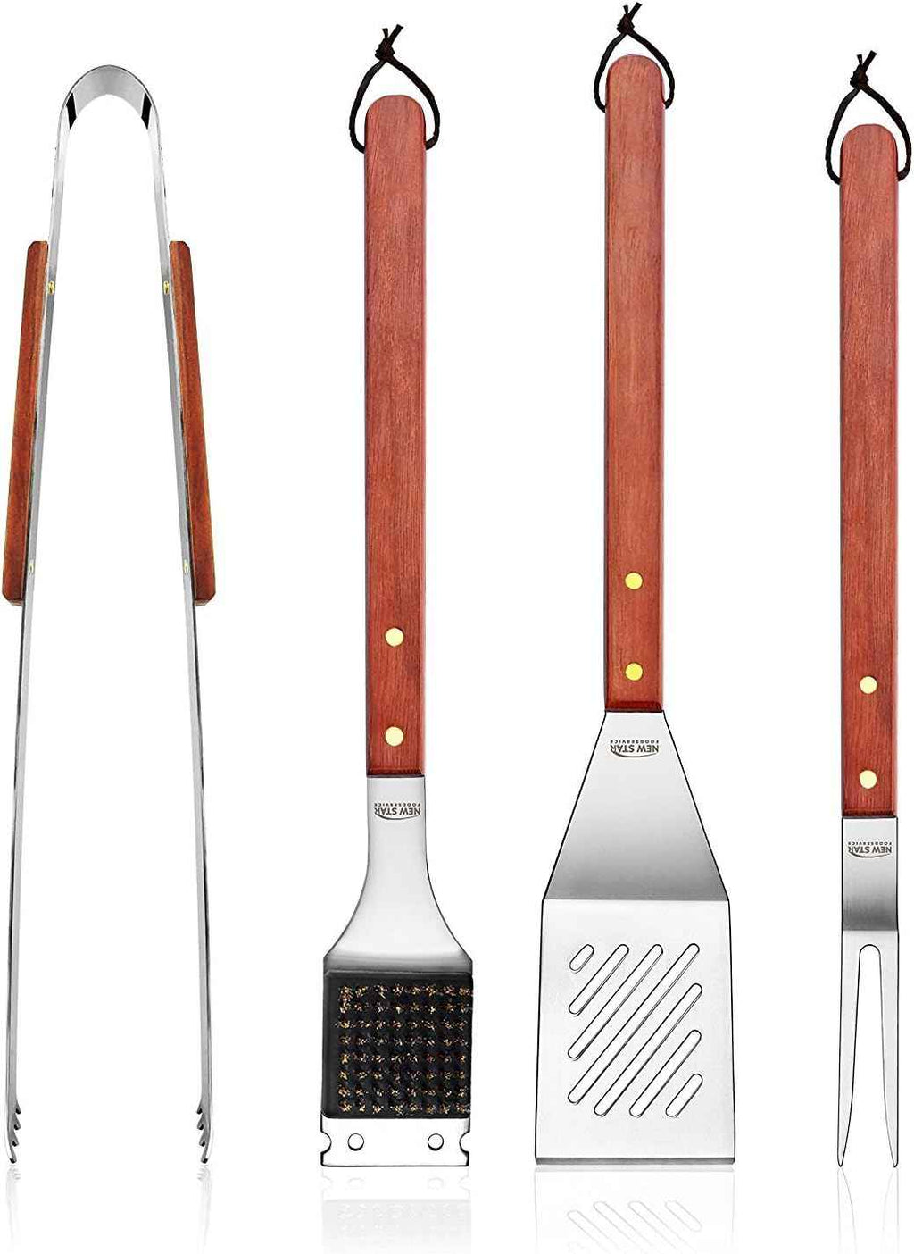 New Star Foodservice 59007 Stainless Steel BBQ Tool Set, Set of 4 | Solid Hard Wood Handles