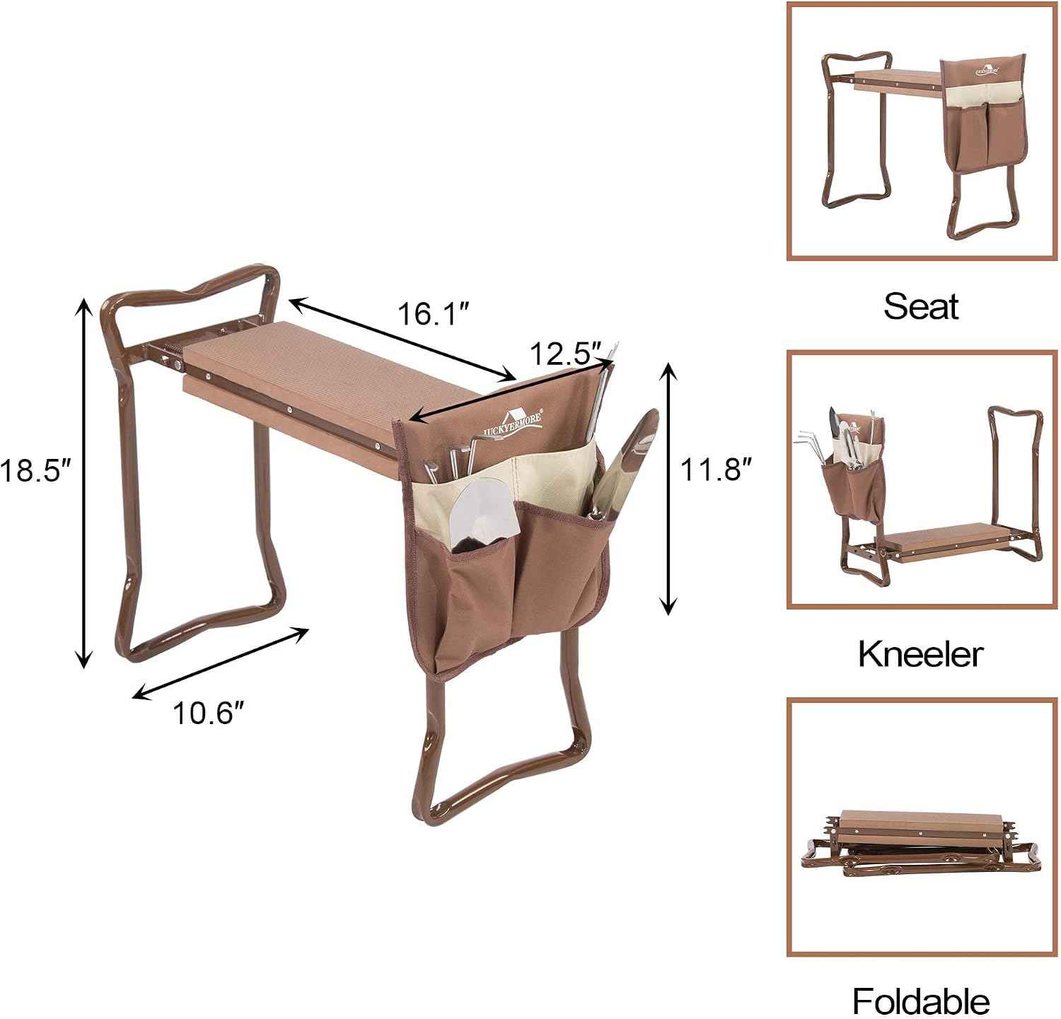 LUCKYERMORE Garden Kneeler and Seat Folding Kneeling Bench Stool with Tool Pouches Soft EVA Foam for Gardening,Asiento Garden Kneeler,Brown