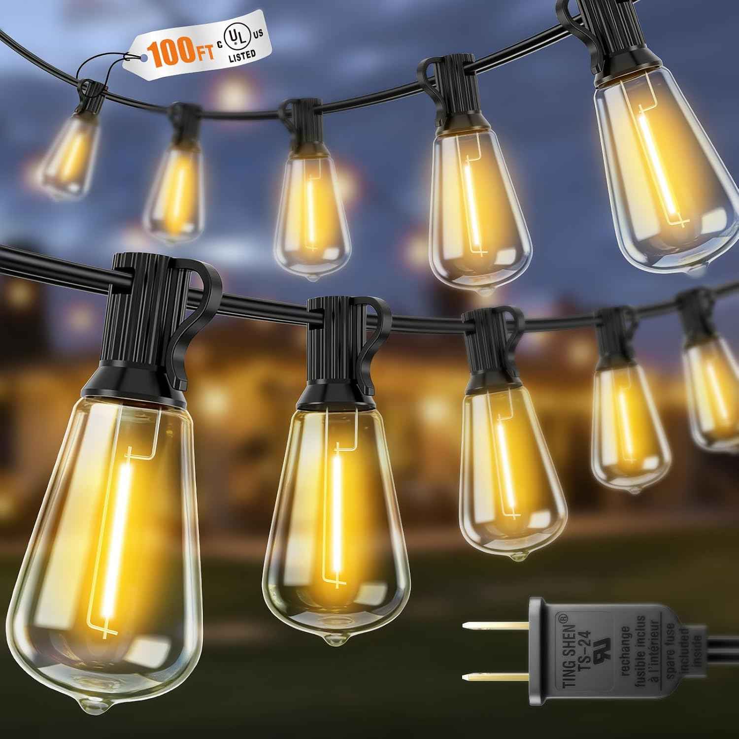 VOLIVO 100FT Outdoor String Lights for Patio, Waterproof Hanging Lights | 35+1 Shatterproof ST38 Edison Bulbs, Dimmable & Connectable Outside String Light for Backyard, Deck, Porch, Balcony