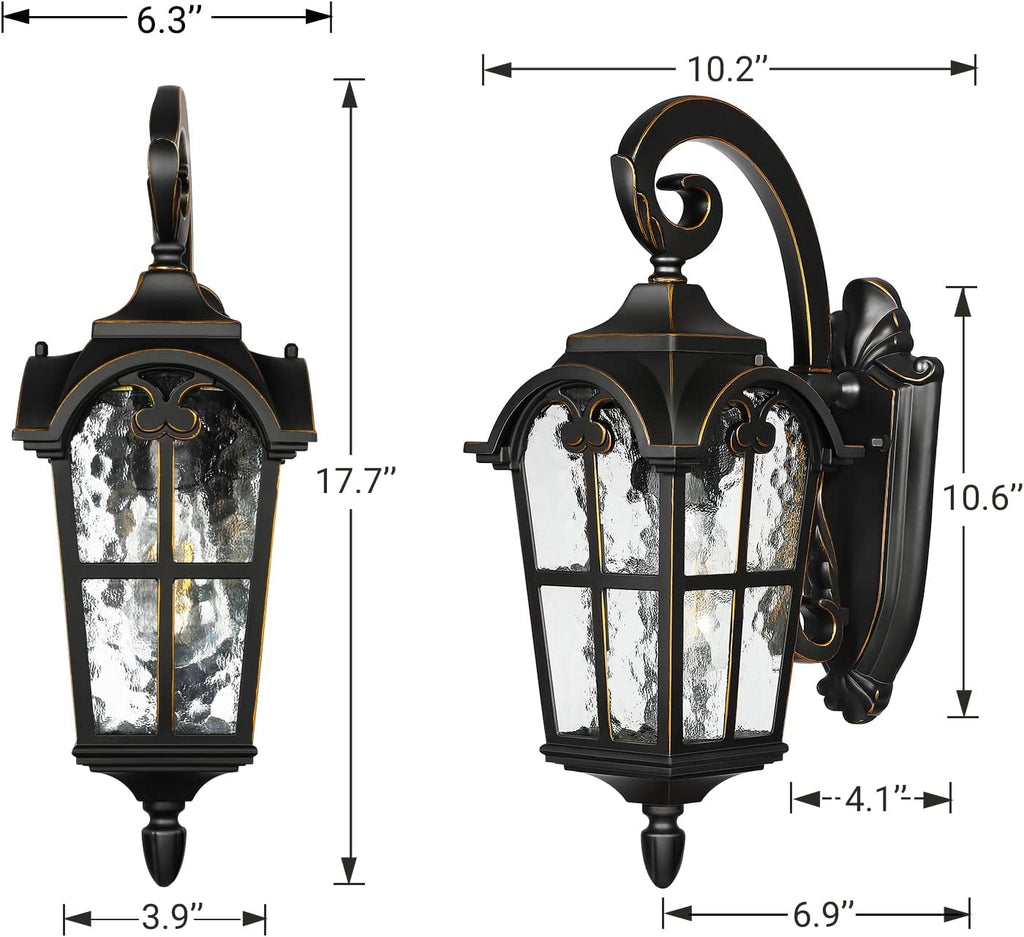 DEWENWILS Outdoor Wall Light Fixtures, Black Roman 17.7" H Exterior Wall Lantern, Anti-Rust & Waterproof, Water Ripple Glass, Outside Wall Sconce Porch Light for House, Garage