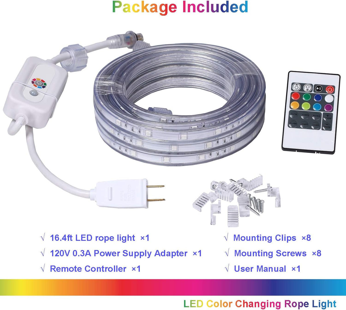 Outdoor 16.4ft RGB Rope Lights, 120V Remote IP65 Decor | 150 LEDs, 8 colors, 6 modes, IR remote, dual-fuse ETL plug; connects up to 65.6ft