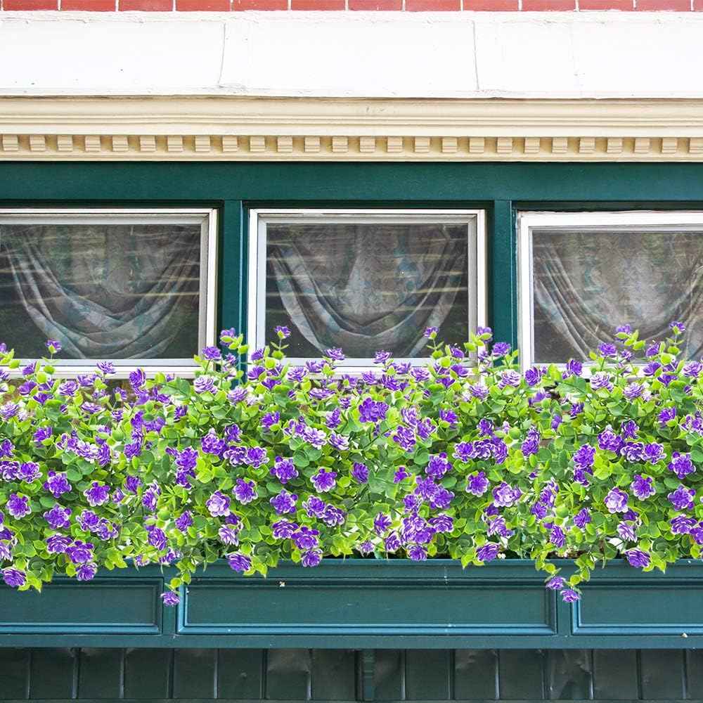 Grunyia 10 Bundles Artificial Fake Flowers, Faux Outdoor Plastic Plants UV Resistant Shrubs Outside Indoor Decorations (Blue-Eucalyptus)