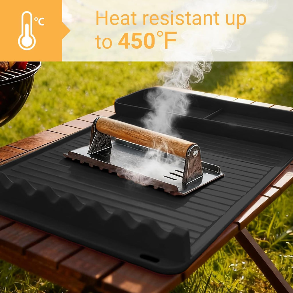 Silicone Grill Mat for Blackstone Griddles & Outdoor Grills - Heat Resistant (450°F) Countertop Protector, Non-Slip Tool Organizer & Grease Catcher, 16x11.5 Inch(Black)