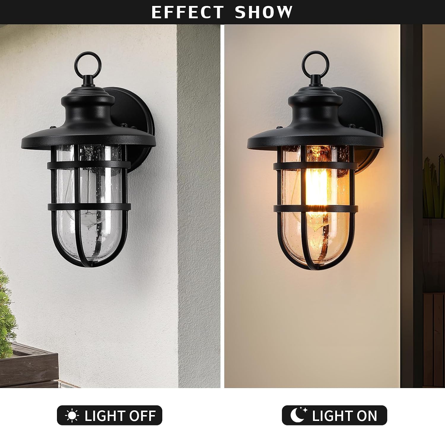 Outdoor Wall Lights Set of 2, Porch Light Fixtures with Seeded Glass | Rustic Coastal style, Industrial Nautical Metal Cage, E26 Base, Waterproof, Anti-Rust, Weather-Resistant, for Patio Garage