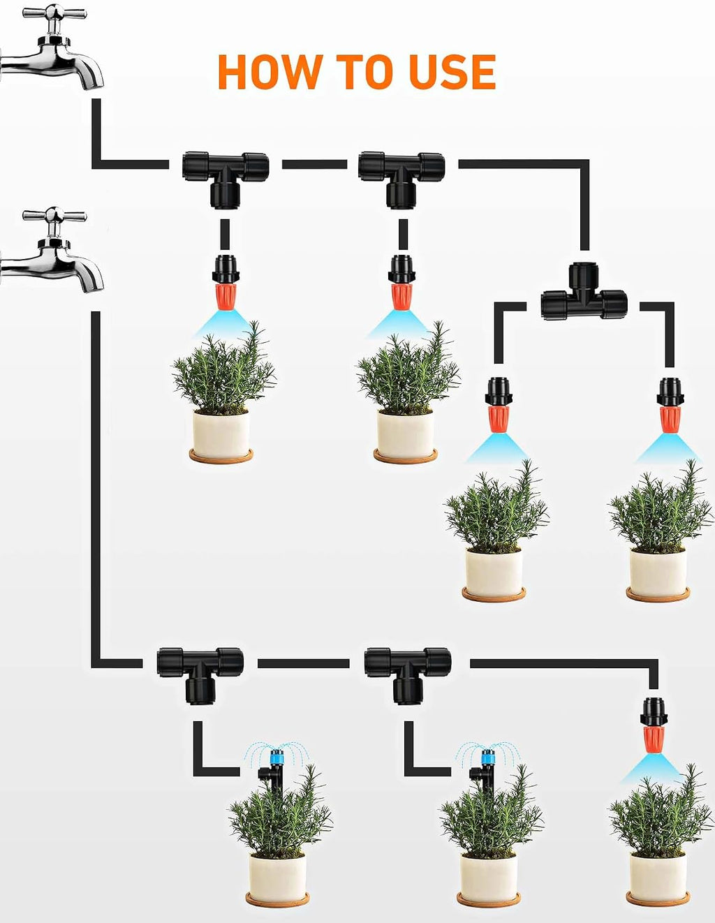 EVOULTES 16 Pack 1/4" Drip Irrigation Tee Fittings, Quick Connect | 16 Pack Tee Connectors, Fits 1/4" Irrigation Tubing, Leak Resistant Seal, Quick Push Installation, Durable Garden Use