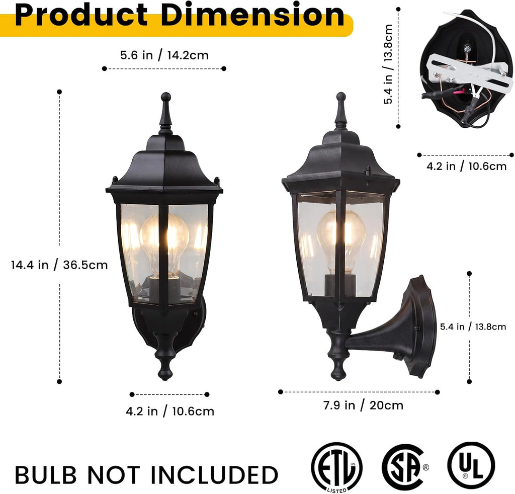 Dusk to Dawn Outdoor Light Fixture, E26 Outdoor Porch Light | Aluminum & Glass Photocell-Controlled Outdoor Wall Light E26 60W max, IP65 Waterproof ETL UL CSA Listed Wall Lantern, Black