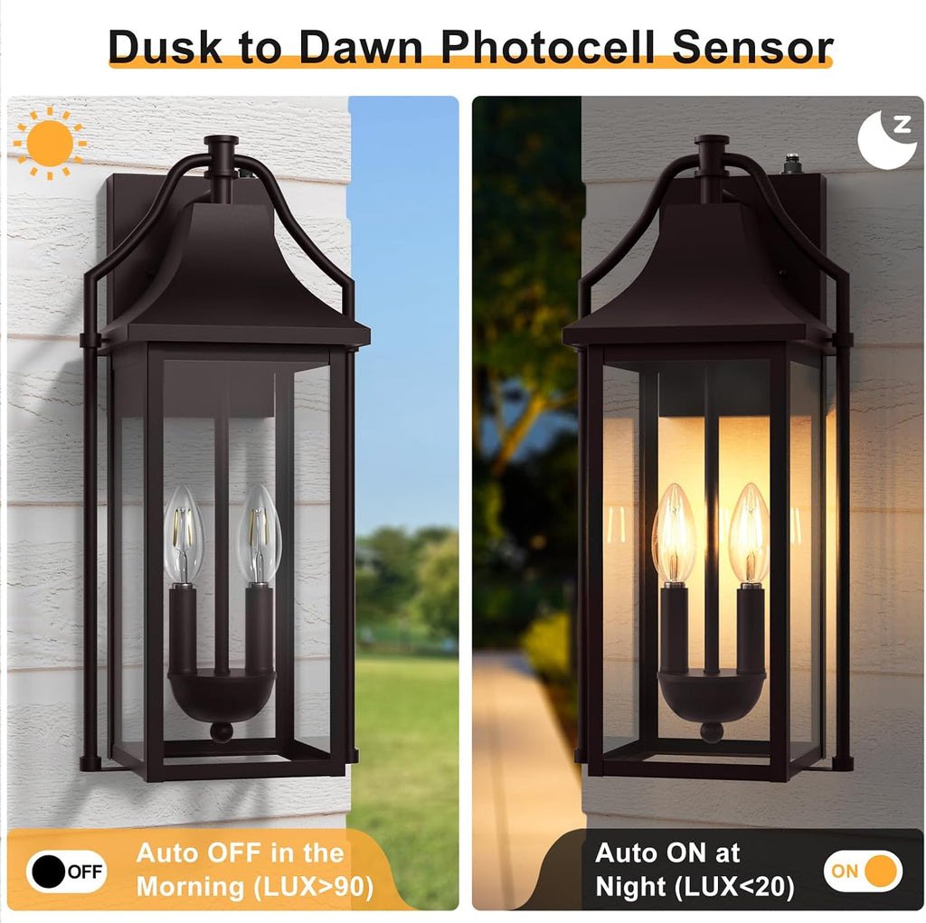 18IN Dusk to Dawn Outdoor Wall Sconce, 2-E12 Base Porch Light | Brown Waterproof Exterior Lantern, Modern Patio Light Fixture Mounted with Glass, Outside Light for House, ETL Listed