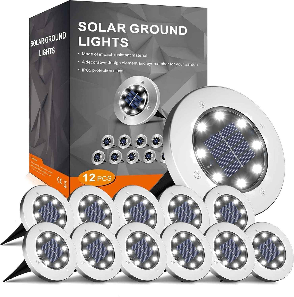 INCX 12 Pack 4.6 Inch Solar Ground Lights Outdoor, Waterproof, Cold White | 8 LEDs, 600mAh Ni-MH battery, 8-10 hr runtime, stainless steel and ABS body, garden lights for pathways, lawns and driveways