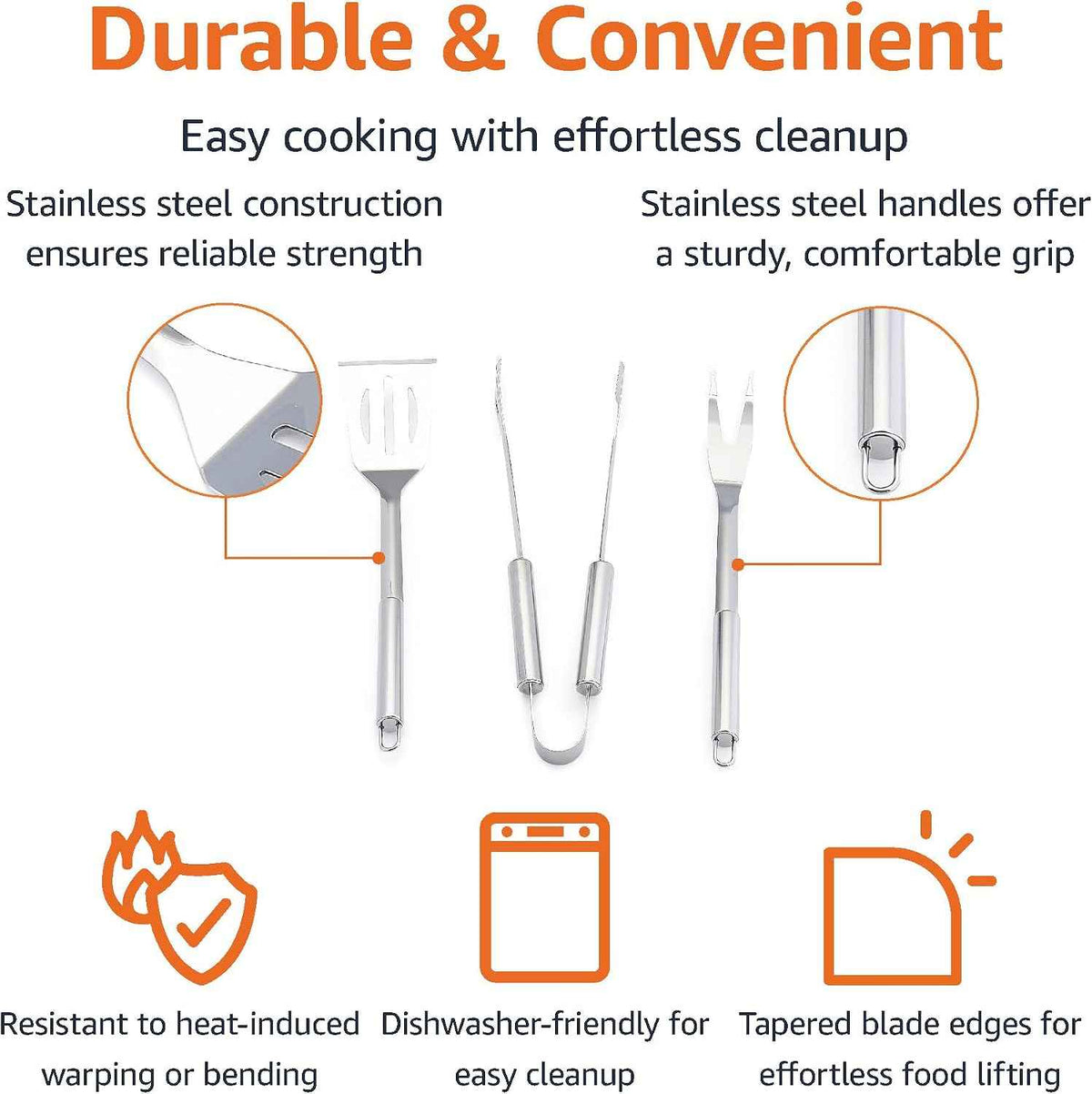 Amazon Basics 4-Piece Stainless Steel BBQ Grilling Tool Set with Carry Bag, Rust-Resistant, Dishwasher Safe