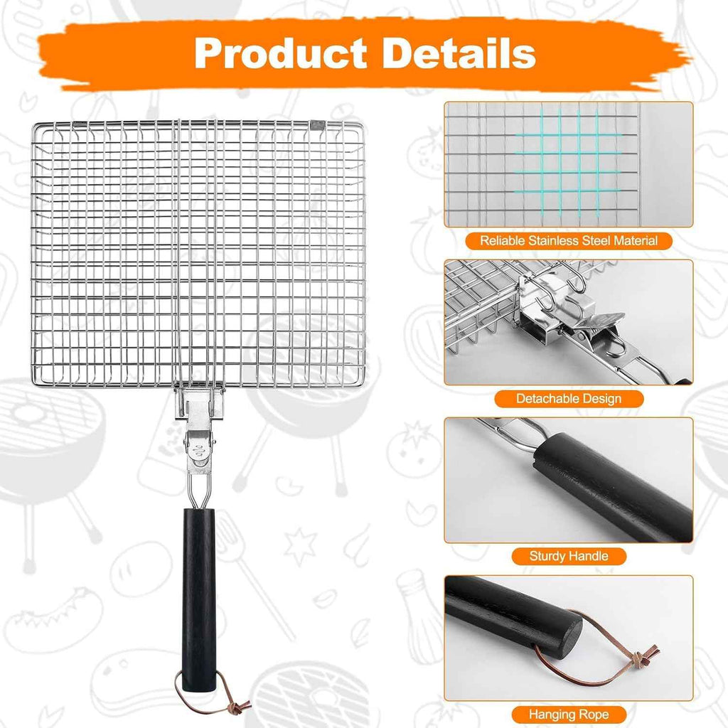 Fish Grill Basket for Outdoor Grill, Grilling Basket With Removable Handle, Portable BBQ Set Barbecue Rack for Shrimp Pork Veggies, Camping Grilling Accessories With Brush, Metal Skewers and Carry Bag