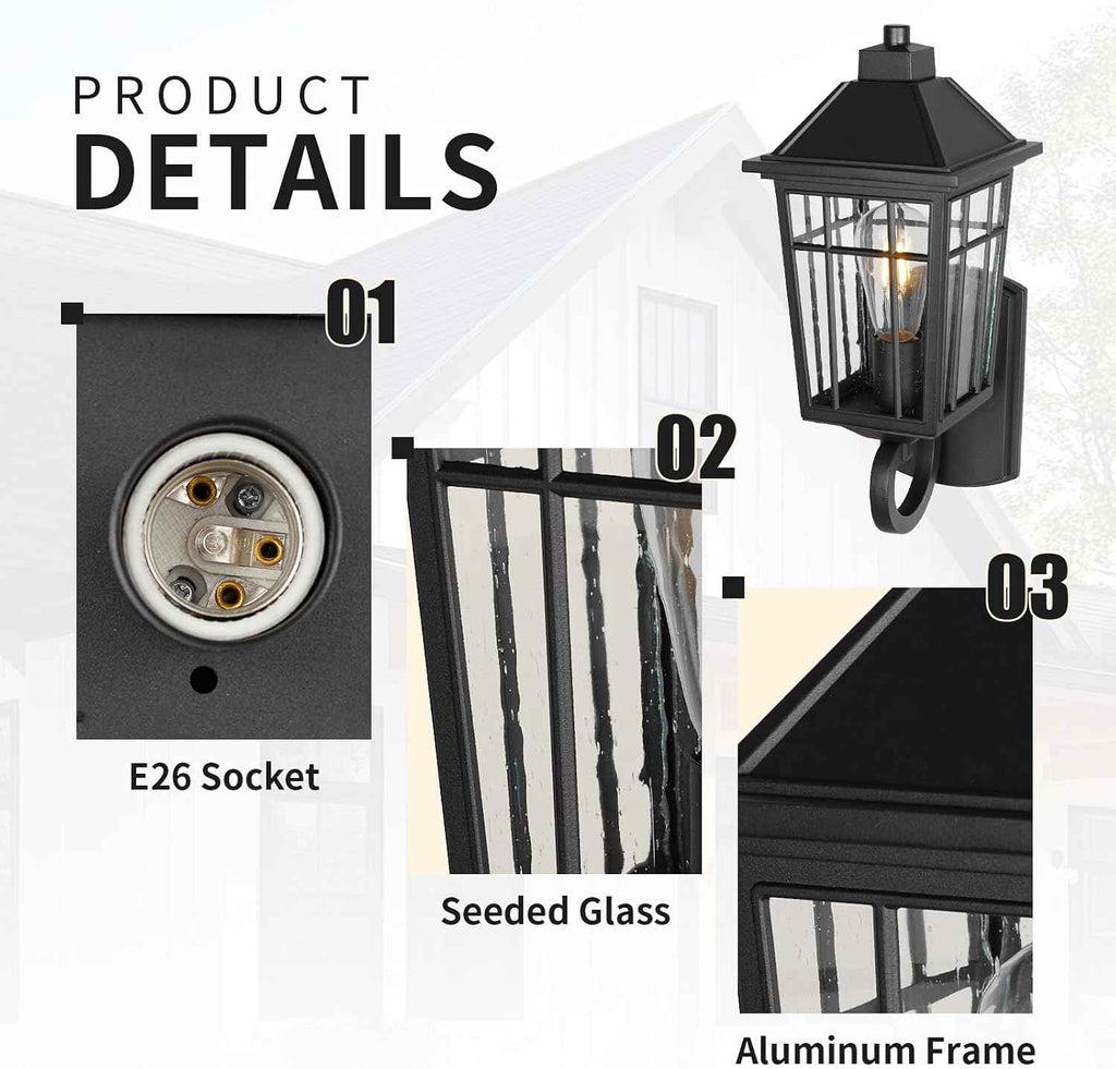 JYZ Outdoor Porch Light Wall Mount, 15" Exterior Wall Lighting Fixtures with Seeded Glass Shade, Anti-Rust Matte Black Outdoor Wall Sconce, E26 Base Outside Lantern for Front Door, Patio, Garage