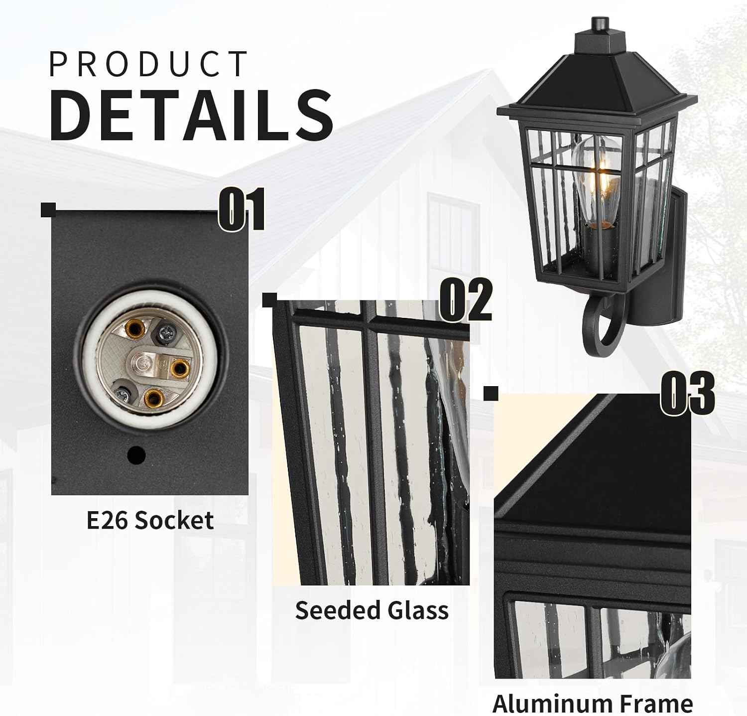 JYZ Outdoor Porch Light Wall Mount, 15" Exterior Wall Lighting Fixtures with Seeded Glass Shade, Anti-Rust Matte Black Outdoor Wall Sconce, E26 Base Outside Lantern for Front Door, Patio, Garage