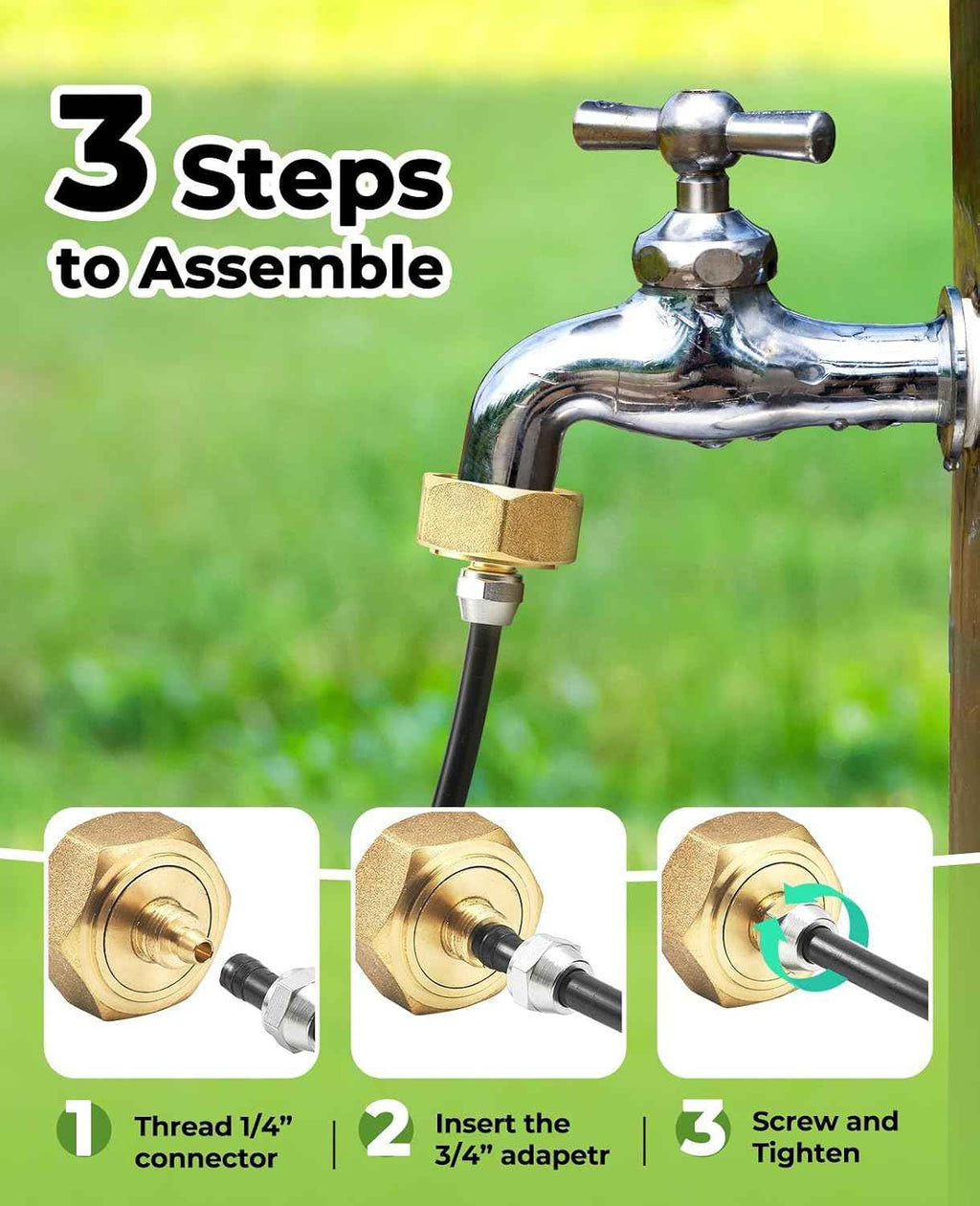 HOMENOTE US Standard Faucet Adapter, 3/4'' to 1/4'' Hose Adapter | Convert 3/4" Female Hose Thread Bib to 1/4" Tubing, 2 Brass Adapters with 4 Washers