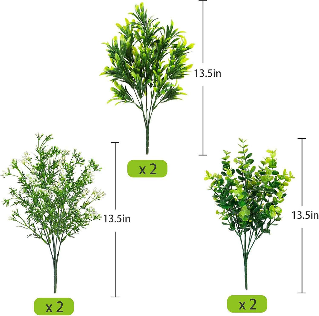 Ouddy Decor 6 Pcs Mixed Artificial Greenery, Fake Plastic Plants Outdoor | Realistic fake eucalyptus babys breath stems, care-free, for garden patio window box wedding table indoor outdoor home decor