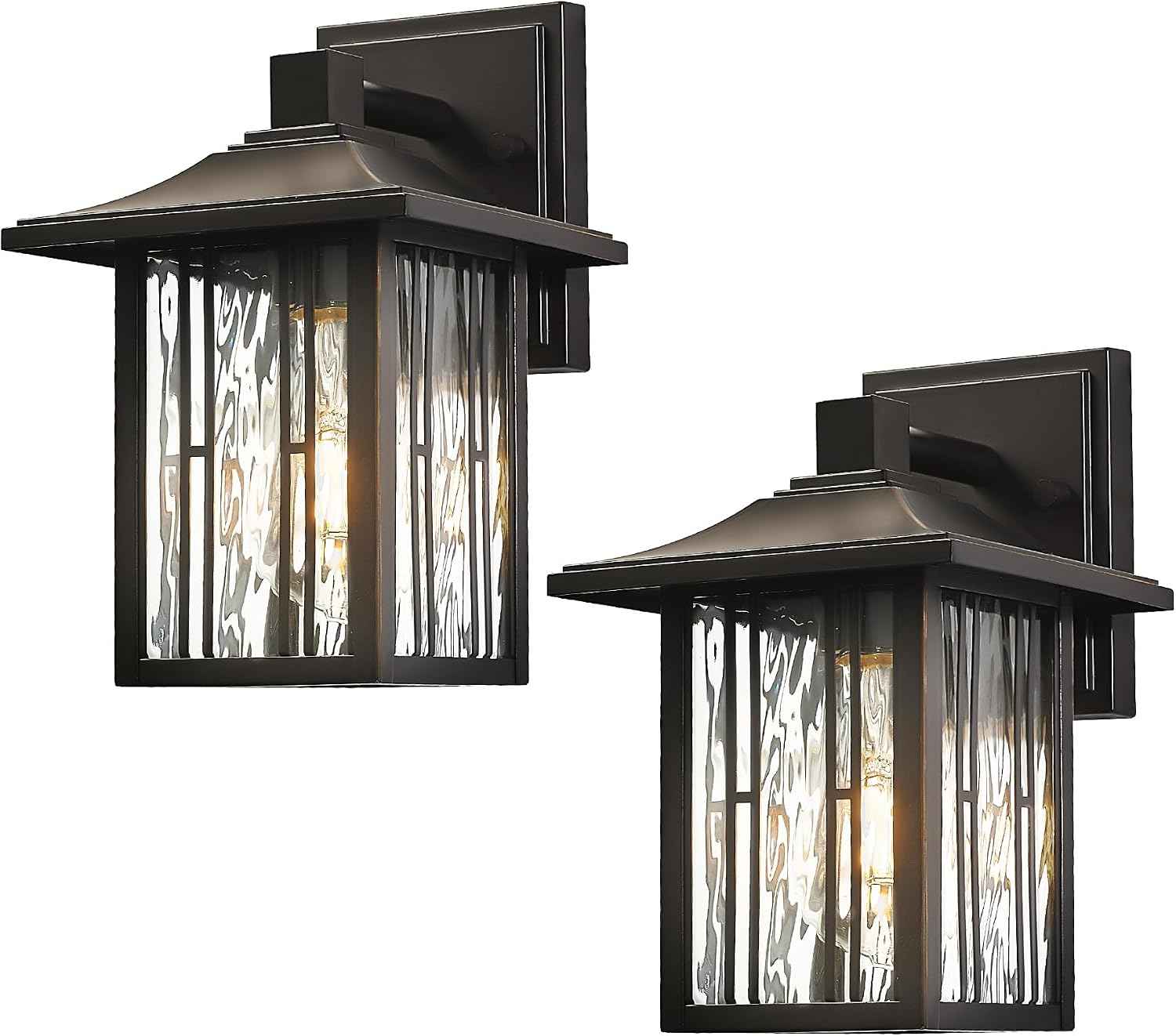 Outdoor Wall Lights Exterior, Front Porch Lights, Wall Sconce Wall Mount, Waterproof Wall Lantern with Water Ripple Glass, Black Lighting Fixtures for Garage, Patio House-2 Packs